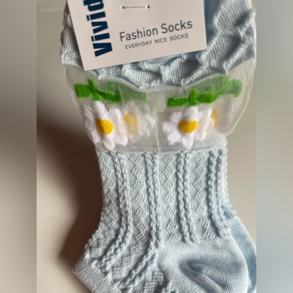 Baby blue Ankle Socks with Textured Knit and Floral Design - Picture 2 of 4